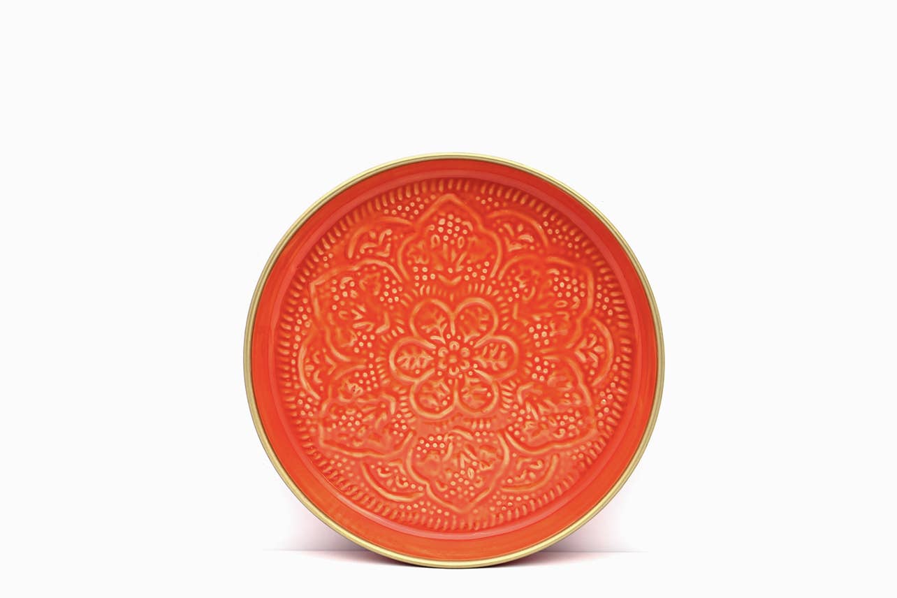 Punjabi Decorative Metal Tray: Large, Orange