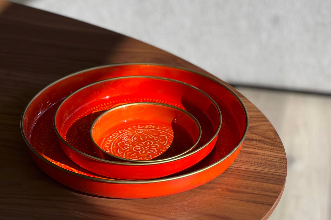 Punjabi Decorative Metal Tray: Large, Orange