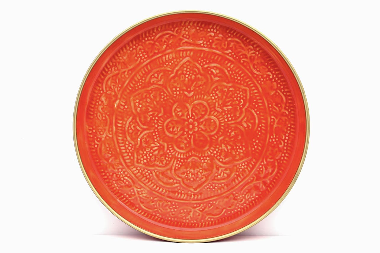 Punjabi Decorative Metal Tray: Large, Orange