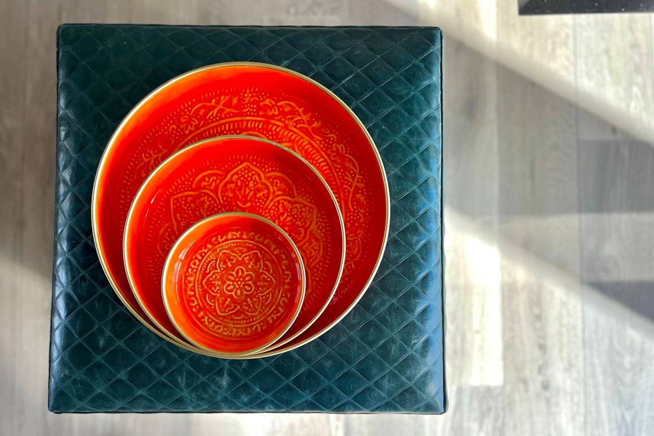 Punjabi Decorative Metal Tray: Large, Orange